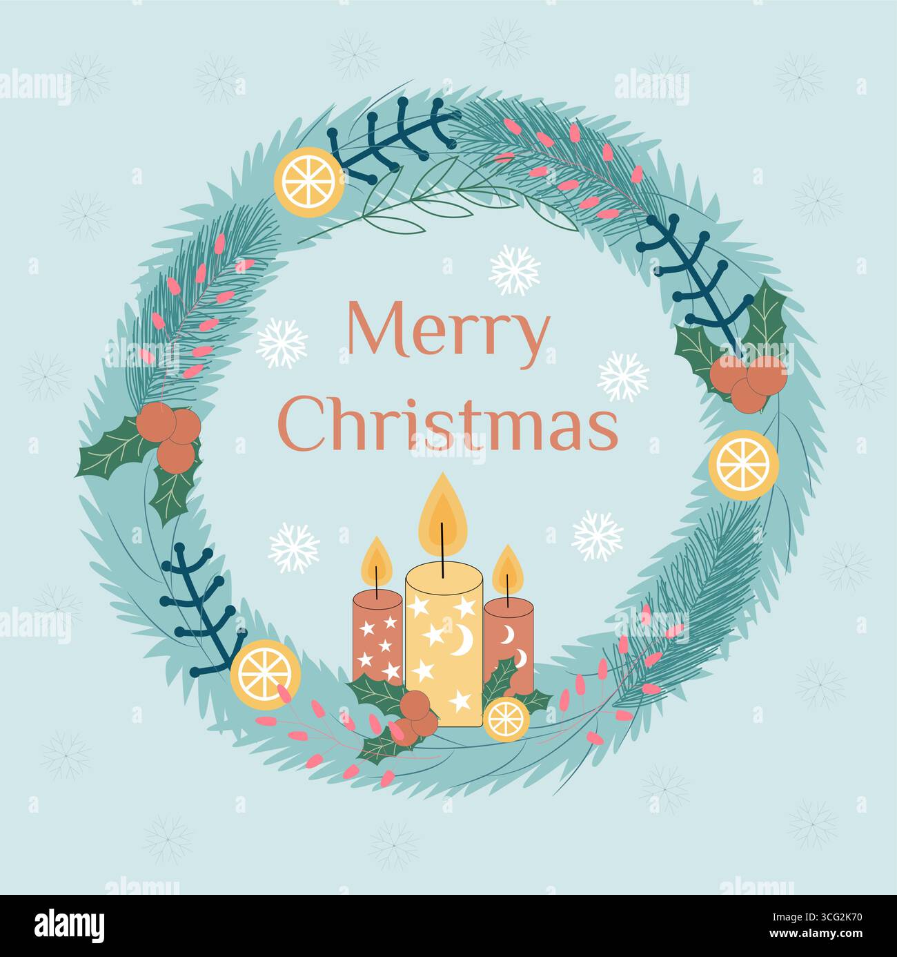 Weihnachtskranz mit Kerzen und Mandarinen Stock Vektor