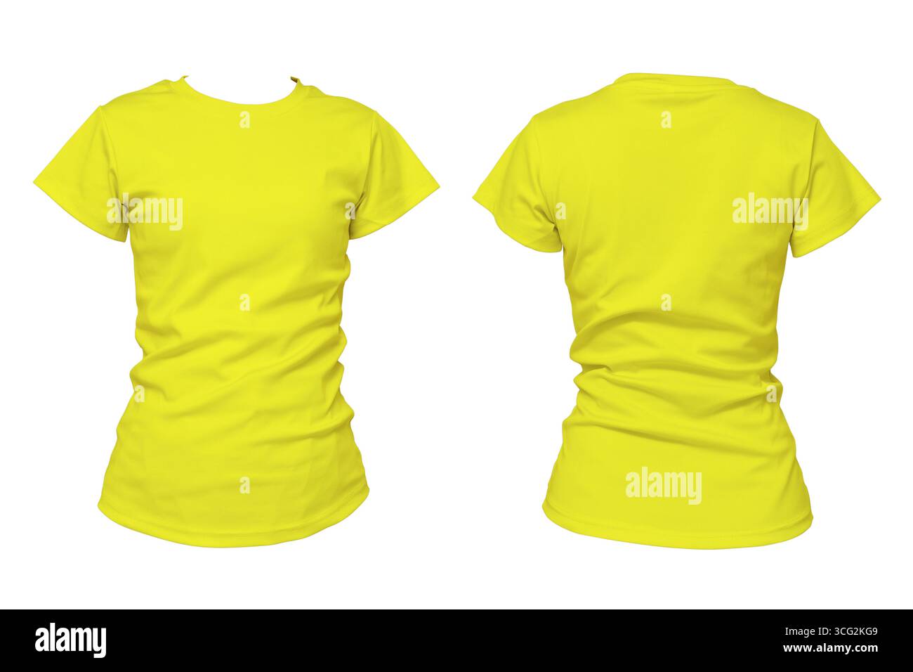 Gelbes T-Shirt Vorder- und Rückansicht isoliert auf weißem Hintergrund, perfekt für Kleidungsmockup, Kleidungsdesign, Modevorlage, Branding-Präsentation, Stockfoto