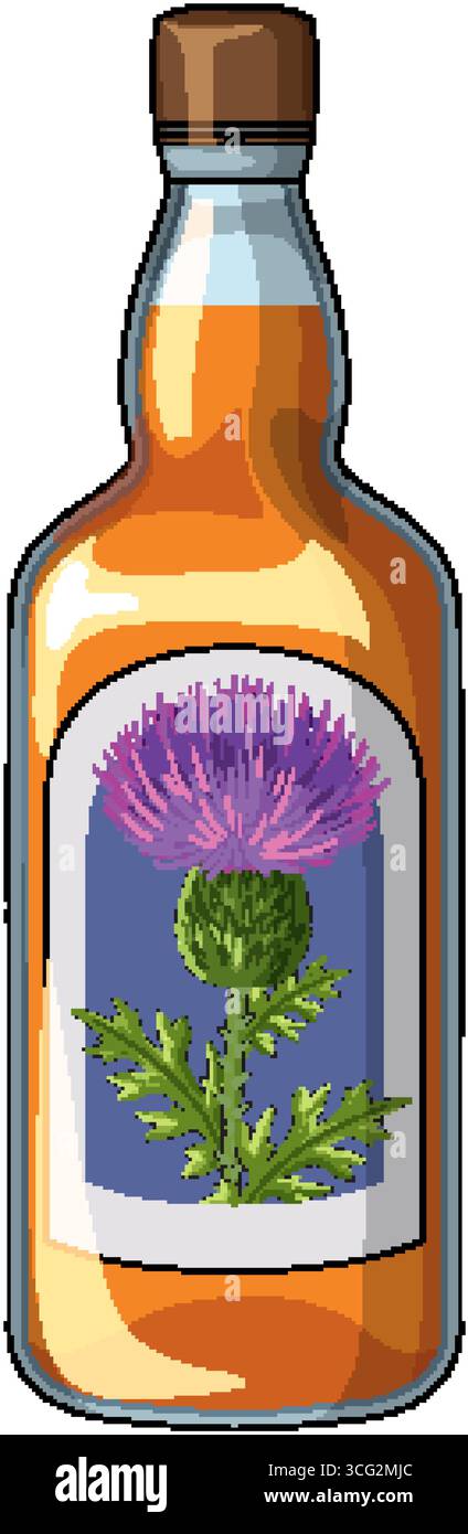 Vektor-Illustration einer Whiskyflasche mit lila Disteletikett, lebhaften Farben, transparentem Hintergrund. Stock Vektor