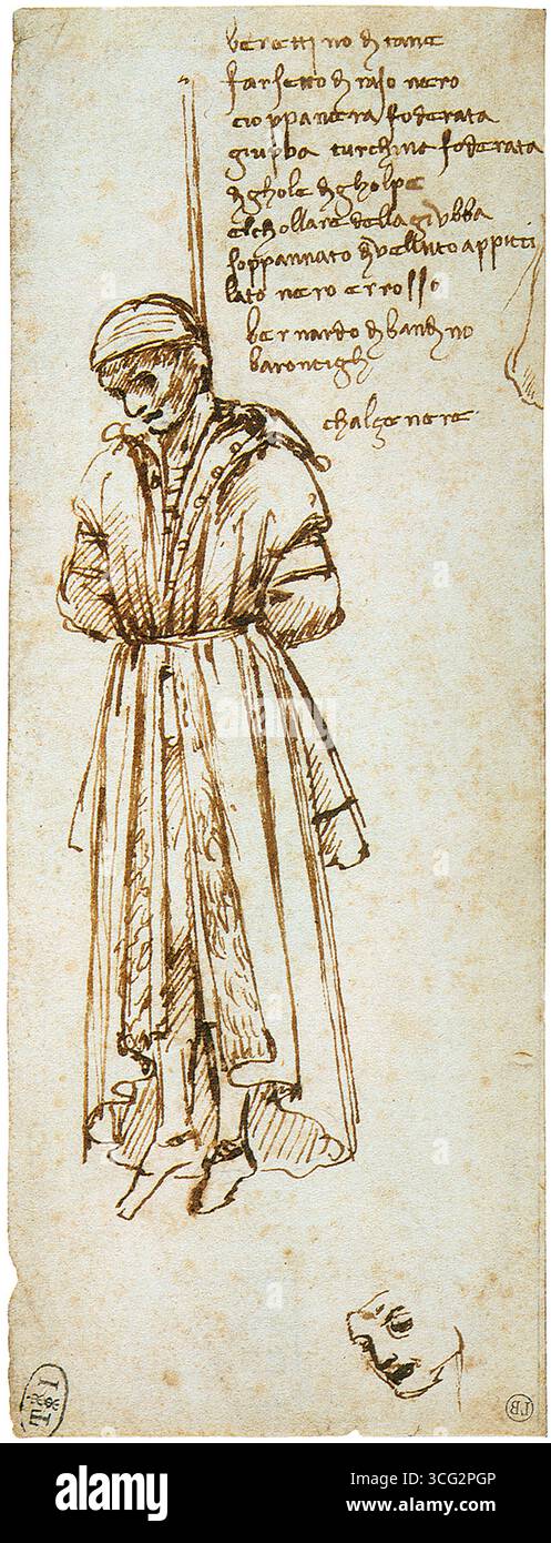 1479 Zeichnung von Leonardo da Vinci des gehängten Pazzi-Verschwörers Bernardo Bandini dei Baroncelli Stockfoto 1479 Zeichnung von Leonardo da Vinci des gehängten Pazzi-Verschwörers Bernardo Bandini dei Baroncelli Stockfoto