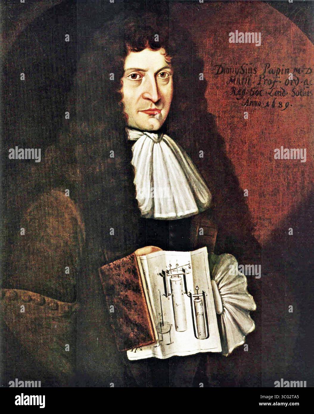 Denis Papin FRS (französisch dəni papɛ̃; 22. August 1647–26. August 1713) war ein französischer Physiker, Mathematiker und Erfinder, der vor allem für seine bahnbrechende Erfindung des Dampfaufbereitungssystems, des Vorläufers des Druckkochers, der Dampfmaschine, der Dampfmaschine, bekannt war. Stockfoto