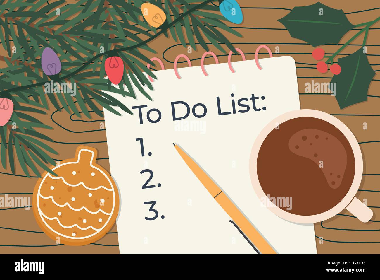 Spiralnotizbuch mit weihnachts-To-do-Liste; Planung von Einkäufen im Winter, Aufgaben -Vektor-Illustration Stock Vektor