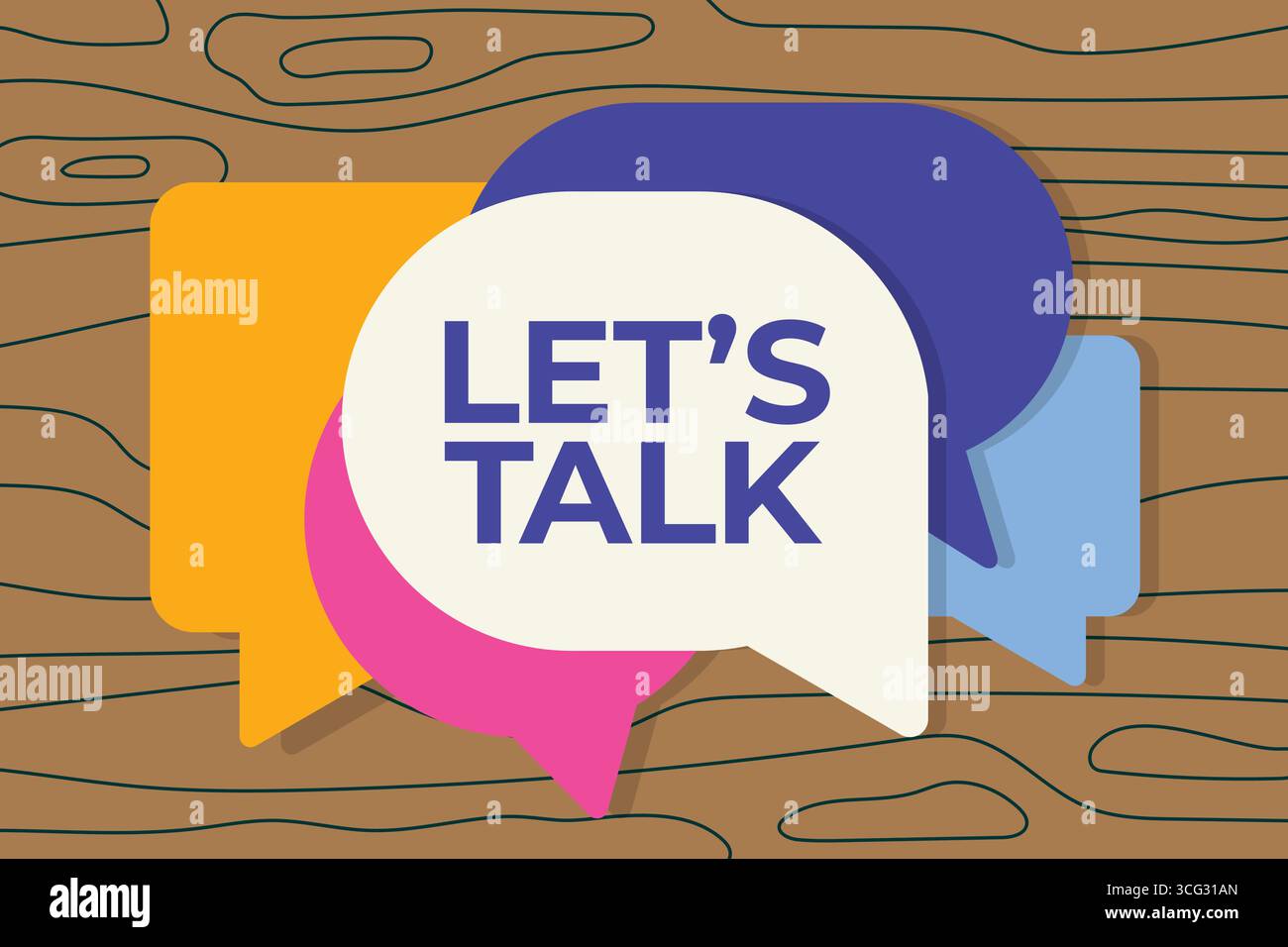 Let's Talk, geschrieben auf einer der bunten Sprechblasen; kann als Gesprächsstartstoff in Social Media Posts, Online-Foren oder Community-Engagement verwendet werden Stock Vektor