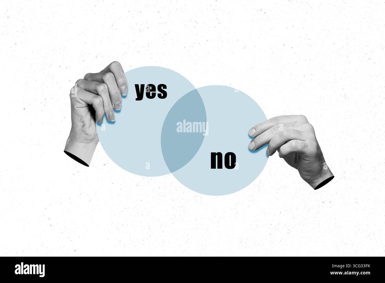 Composite-3D-Fotocollage Design Trendskizze von zwei Handarmen halten Finger transparenter Kreis Abstimmung Ja Nein Entscheidung Antwort Auswahl Feedback Stockfoto