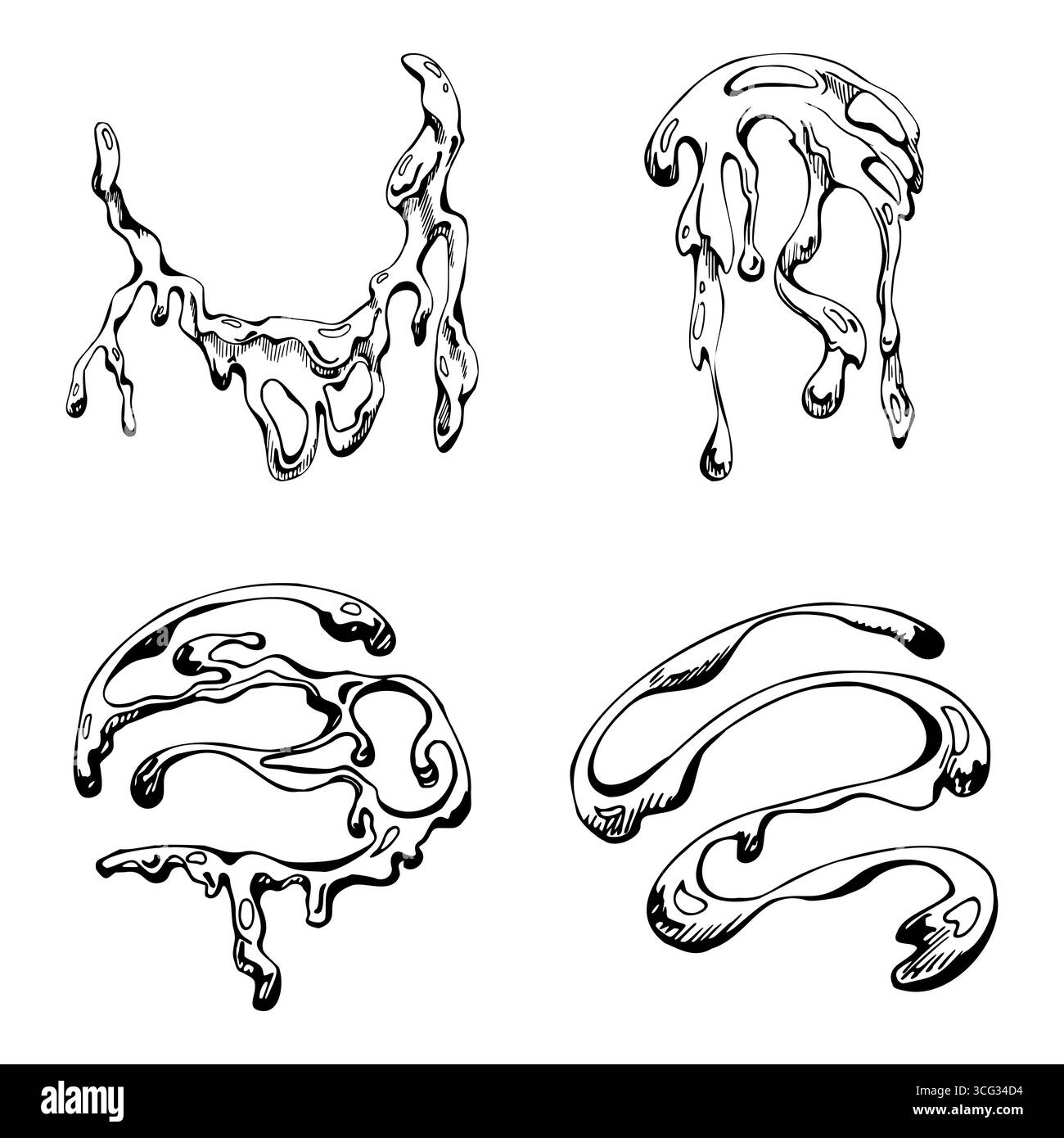 Ein Tropfen glänzend geschmolzenen Schokoladensirup, dicke tropfende Flusspuren. Vektorgrafik, handgezeichnet in Tinte, Linienskizze. Nachtisch Stock Vektor