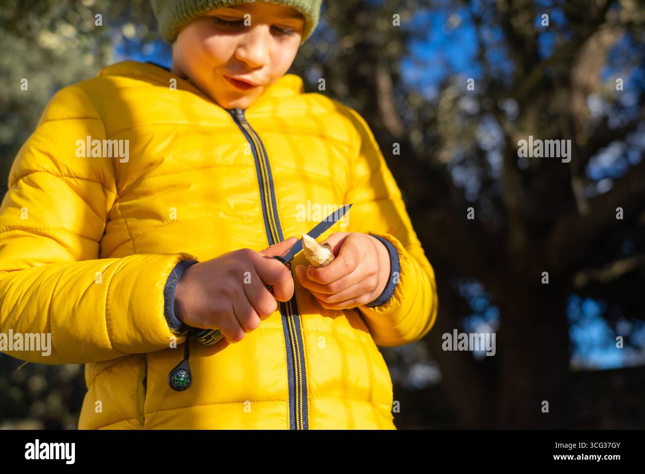 Junge mit gelbem Jackenschärfstab mit Taschenmesser draußen in der Natur Stockfoto