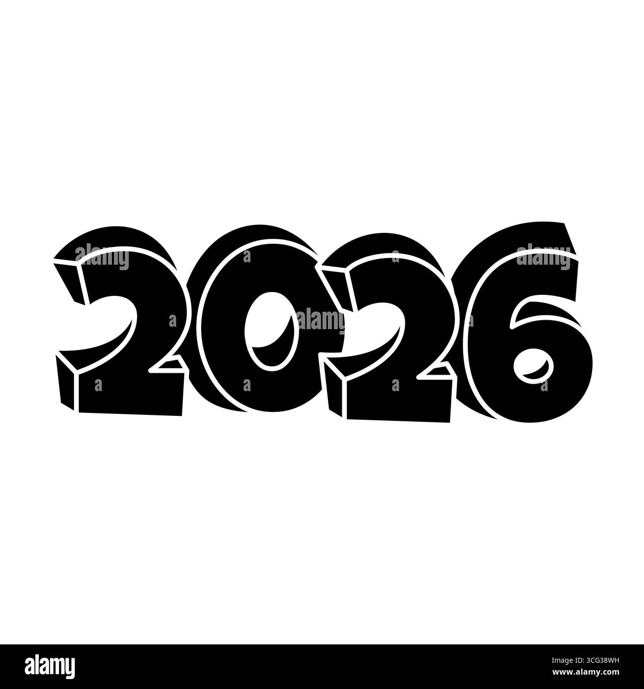 Vektorabbildung die Zahlen 2026. Die Zahlen sind in leicht stilisierter, fettgedruckter Schrift dargestellt, die auf eine dreidimensionale oder blockartige Schrift hindeutet Stock Vektor