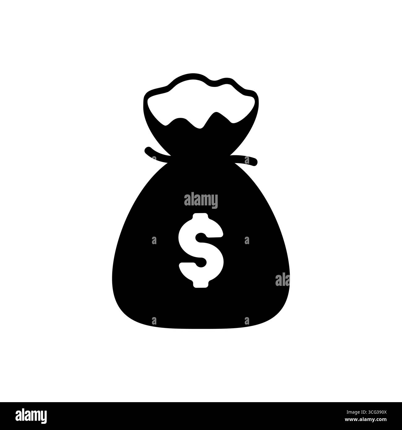 Schwarz-weiße Vektor-Illustration eines einfachen Geldbeutels, der oben mit einem Dollarzeichen auf der Vorderseite gebunden ist. Diese minimalistische Ikone steht für Reichtum, FIN Stock Vektor