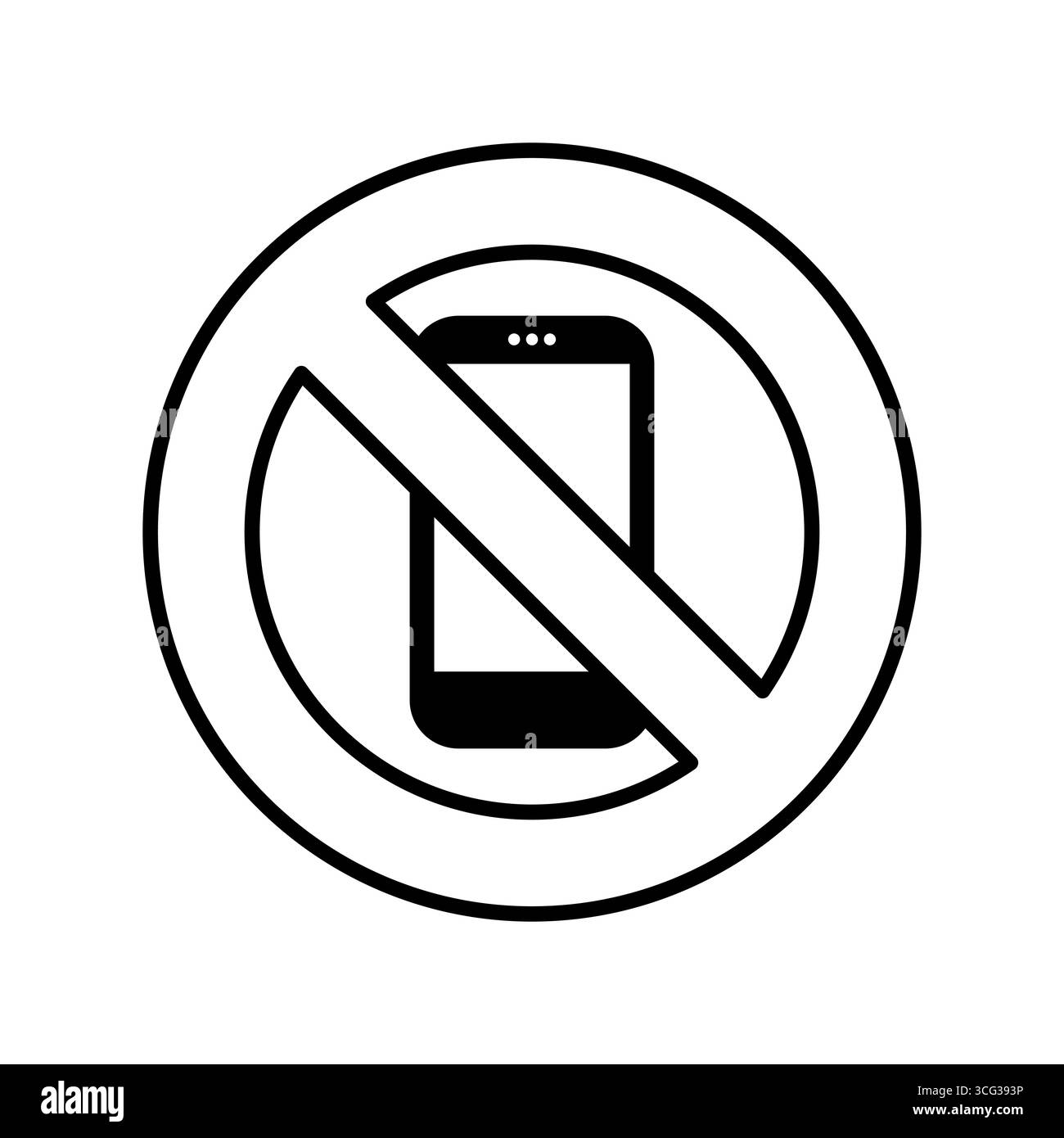 Kein Vektorsymbol für Mobiltelefone. Das Design verfügt über ein solides Smartphone-Symbol in einem minimalistischen Umrisskreis und einer diagonalen Linie. Stock Vektor