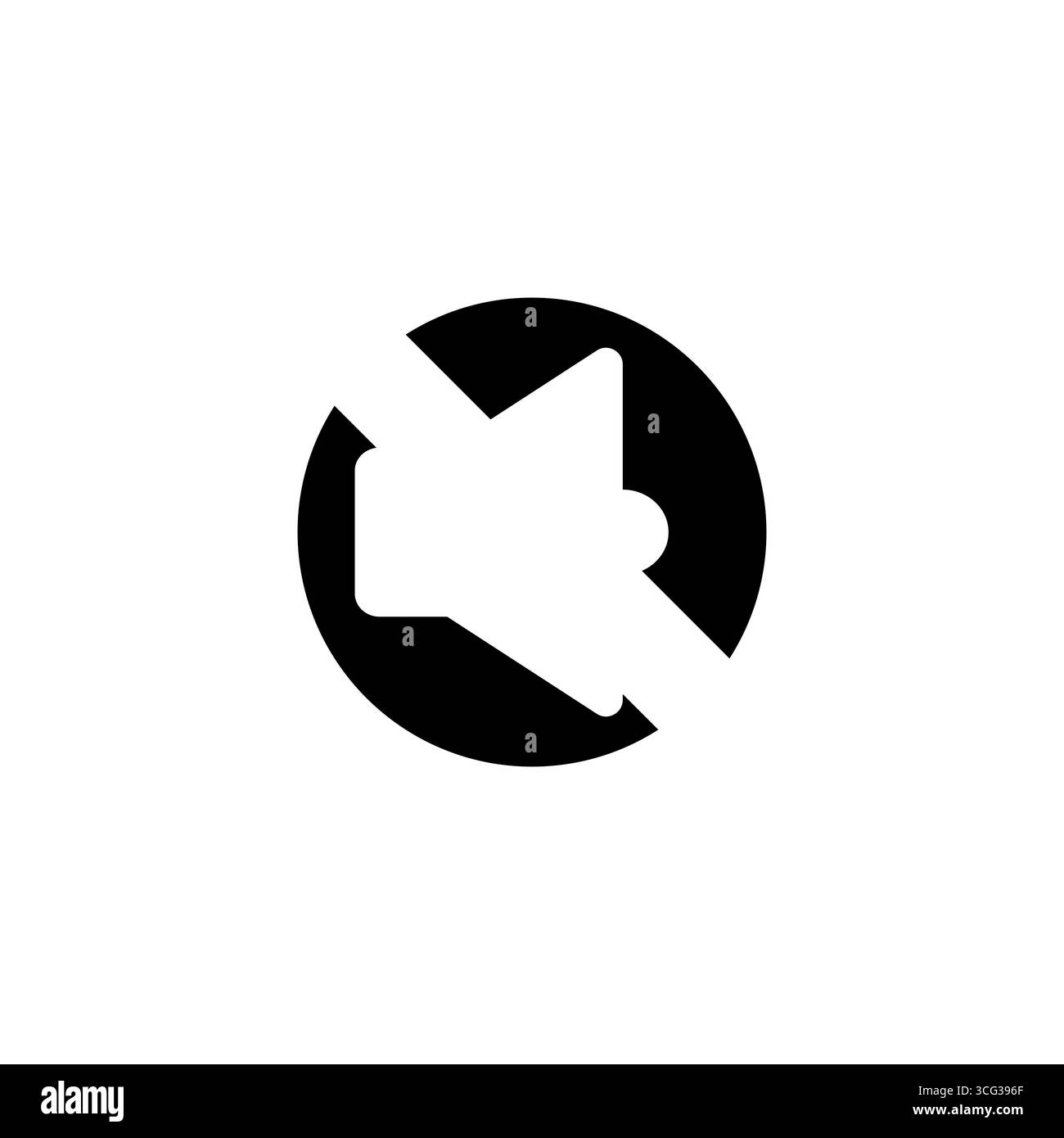 Schwarz-weiße Vektorabbildung eines No-Sound-Zeichens, dargestellt als durchgehender schwarzer Kreis mit einem weißen Lautsprechersymbol und einer weißen diagonalen Linie. Diese min Stock Vektor