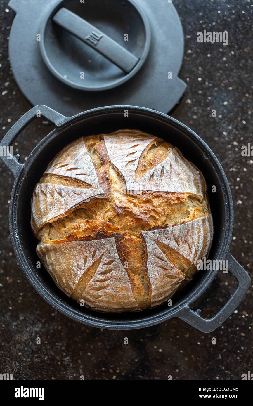 Frisch gebackenes Sauerteigbrot in einem schwarzen gusseisernen Holländischen Ofen. Die rustikale goldene Kruste weist ein künstlerisches Punktmuster auf, das die handgefertigte Farbe hervorhebt Stockfoto