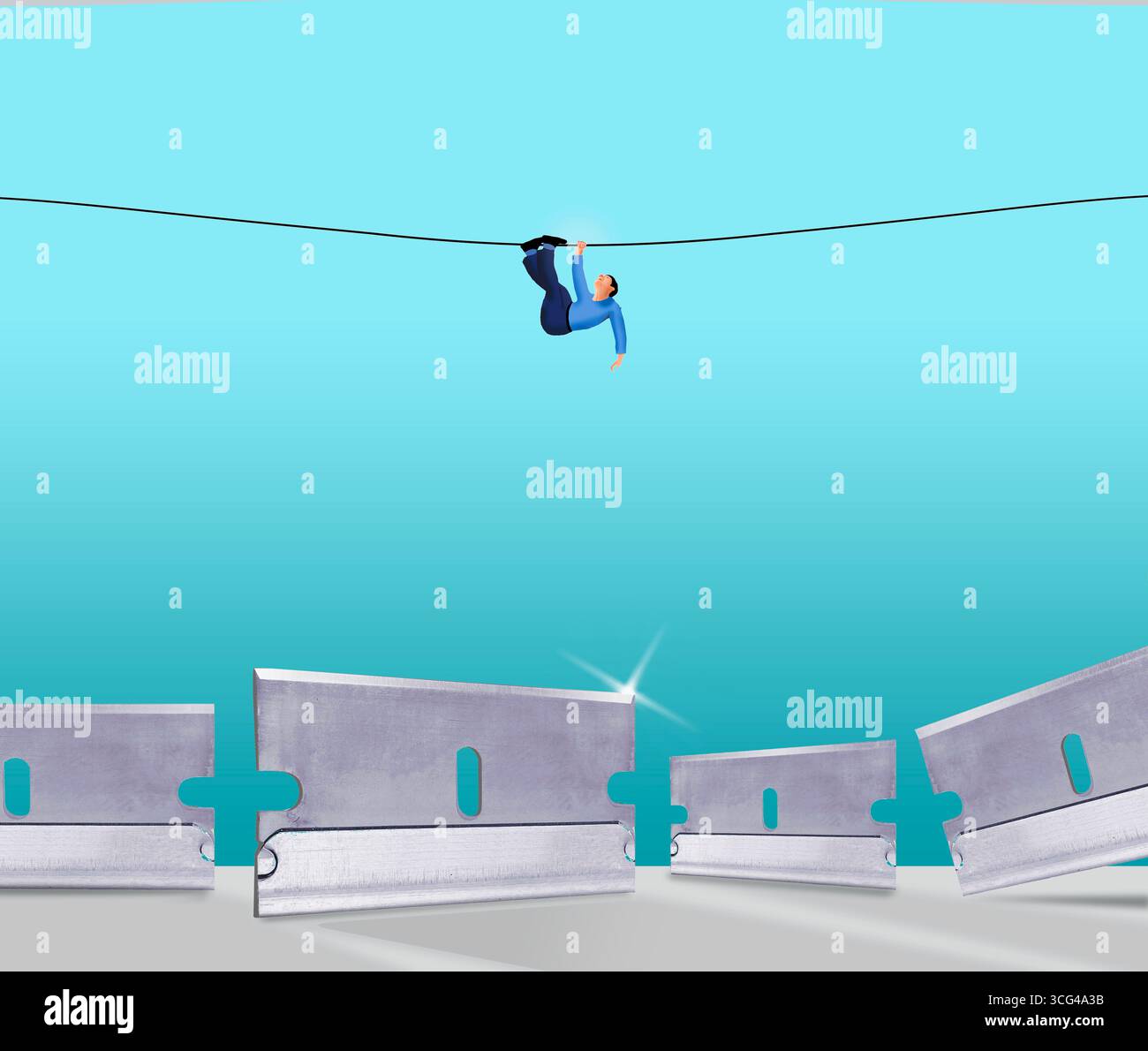 Ein hilfloser Mann hängt an einem Draht über einem Feld von Rasierklingen in einer 3D-Illustration über unmögliche Situationen und in Schwierigkeiten geraten. Stockfoto
