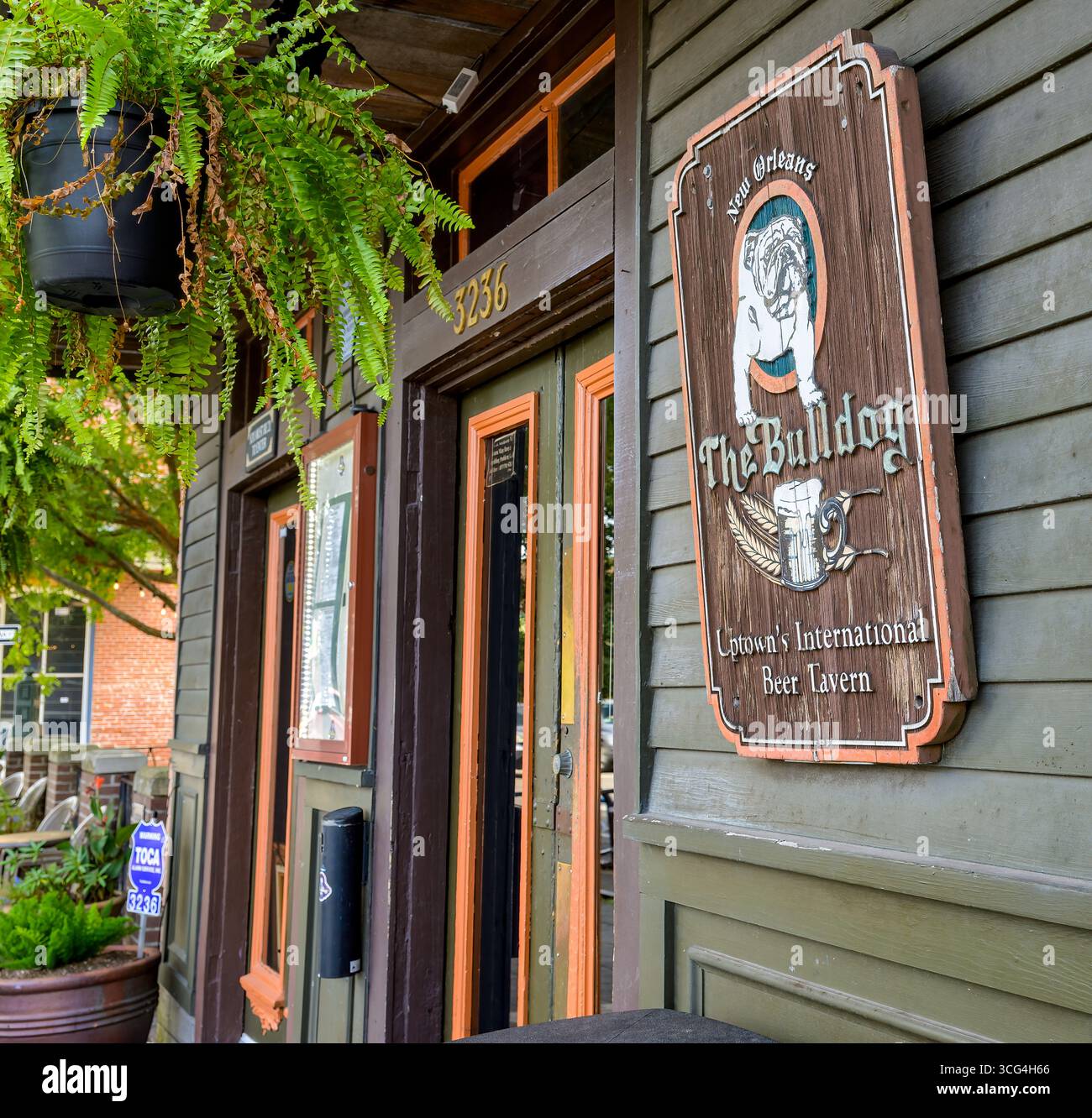 New Orleans, LA, USA - 8. August 2025: Nahaufnahme des Schildes und Eintritt zur beliebten Bulldog Bar in der Magazine Street Stockfoto