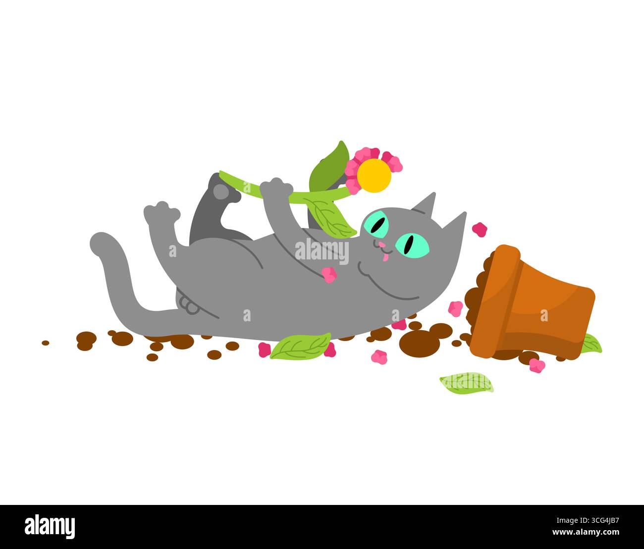Die Katze hat einen Blumentopf umgeworfen. Lustige Vektor-Illustration über Haustiere, Hausunfälle, verspielte Tiere, häusliches Chaos und humorvolle Situationen mit Katzen Stock Vektor