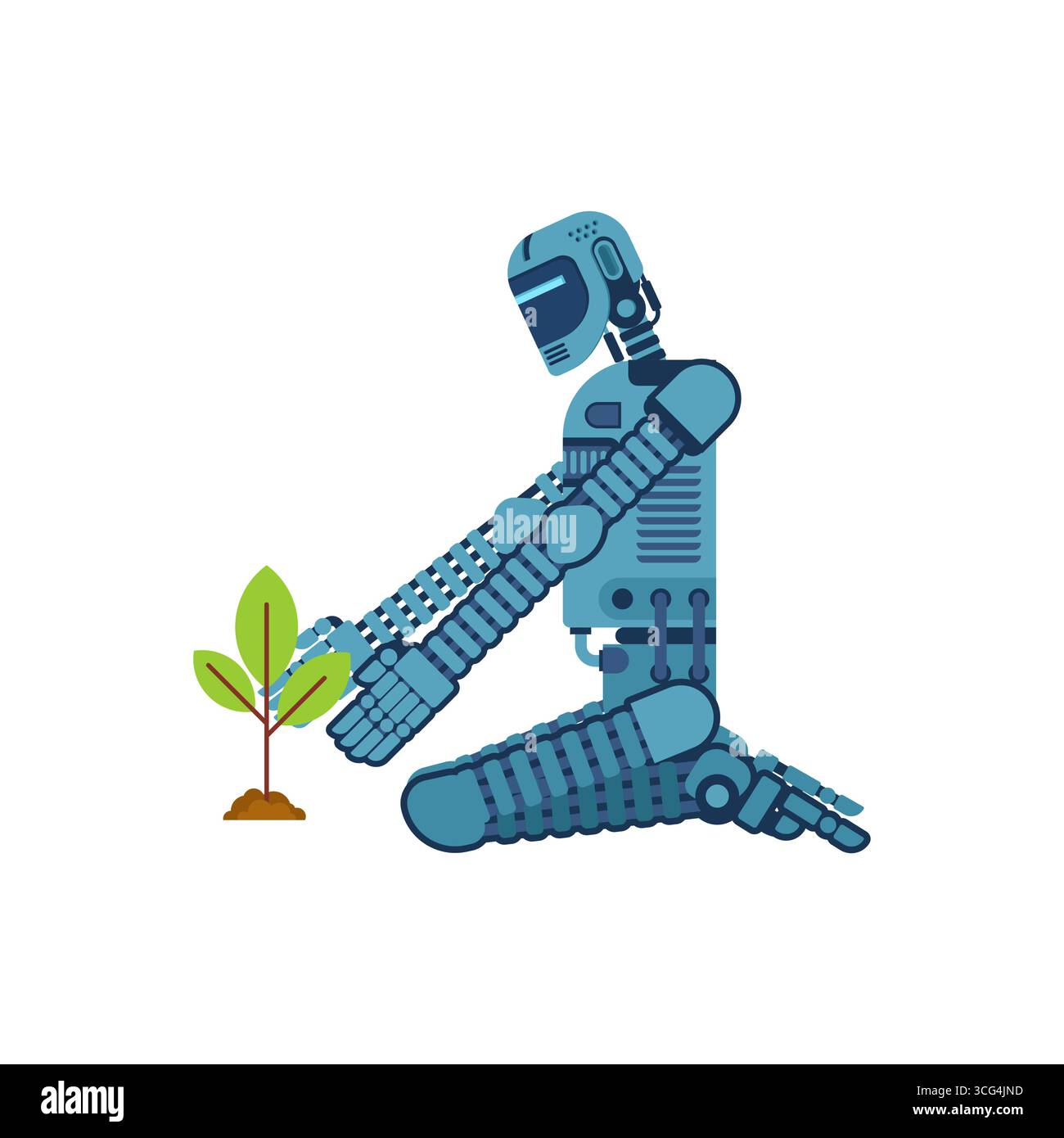 Roboterbewässerung und Pflege einer kleinen Pflanze als Symbol für Technologie, Wachstum, Nachhaltigkeit und ökologische Zukunft. Stock Vektor