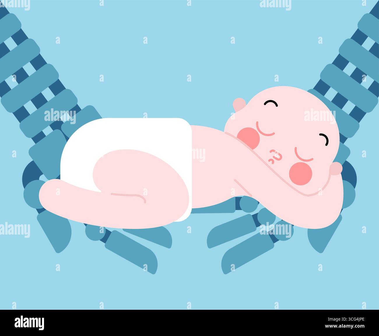 Roboterhände halten sanft ein Baby. Konzept der künstlichen Intelligenz in Kinderbetreuung, Technik mit Mitgefühl und Sicherheit. Stock Vektor