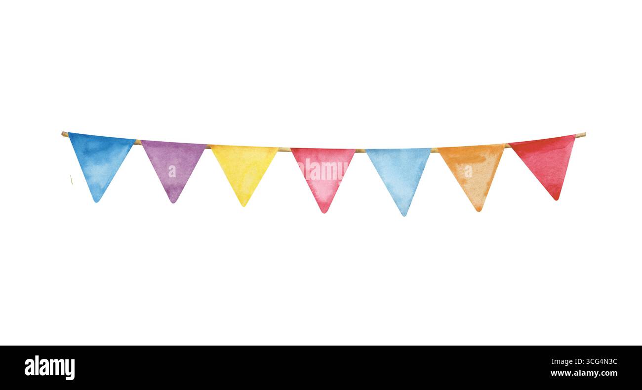 Eine Girlande aus bunten handgezeichneten Fahnen. Aquarellabbildung auf weißem Hintergrund. Ein dekoratives Element für den Urlaub. Clipart Stockfoto