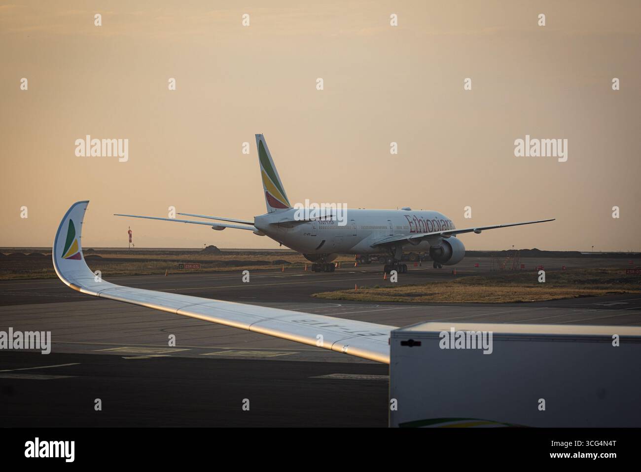 Äthiopische Boing 787 am internationalen Flughafen Addis Abeba Bole Stockfoto