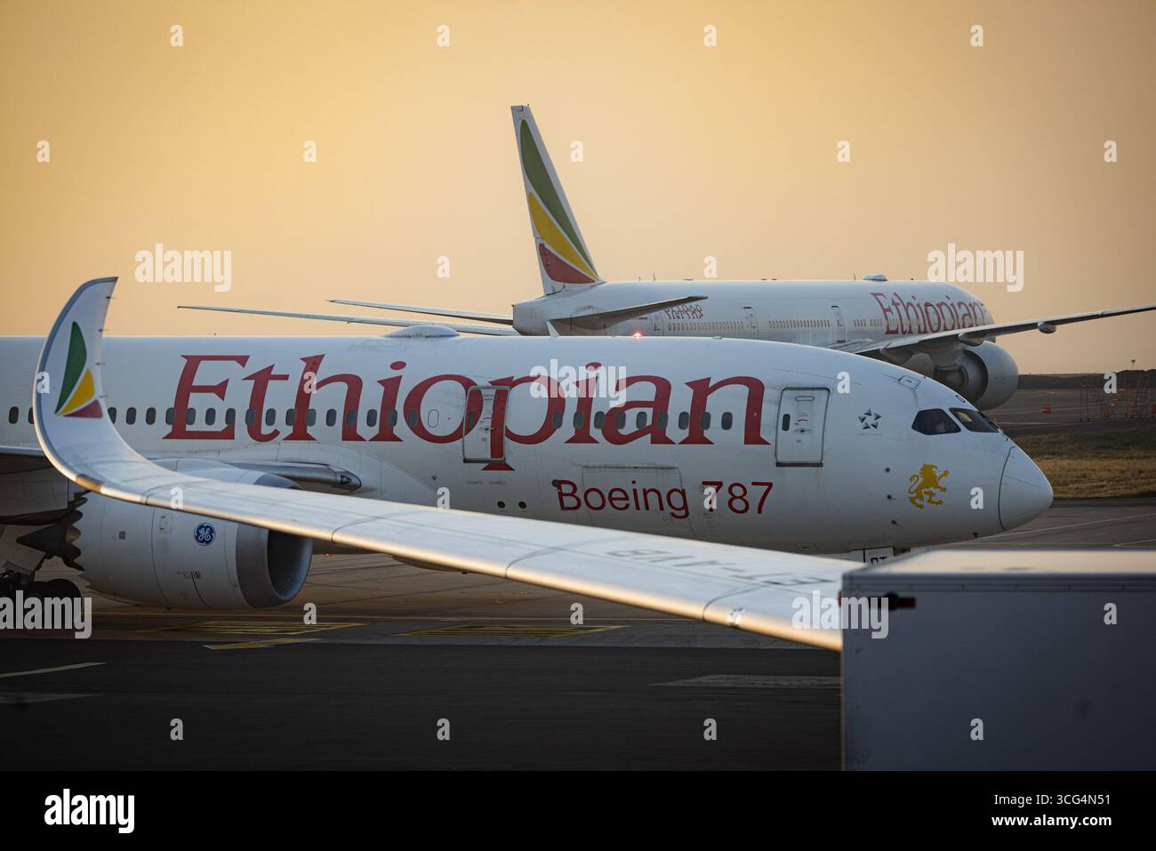 Äthiopische Boing 787 am internationalen Flughafen Addis Abeba Bole Stockfoto