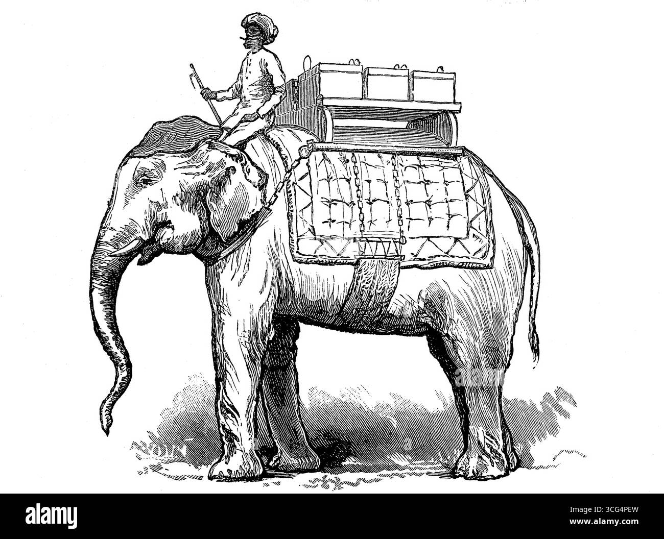 Munitionsträger, Reiter und Munitionskisten auf einem Elefanten in Burma im Jahr 1870. Historische, digital restaurierte Reproduktion eines Originals aus dem 19. Jahrhundert. Das Datensatzdatum wurde nicht angegeben. Stockfoto