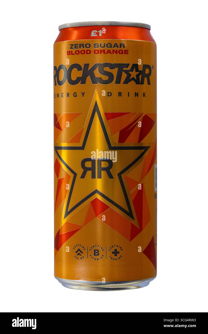 Rockstar Energy Drink Dose isoliert auf weißem Hintergrund Null Zucker Blutorange Stockfoto
