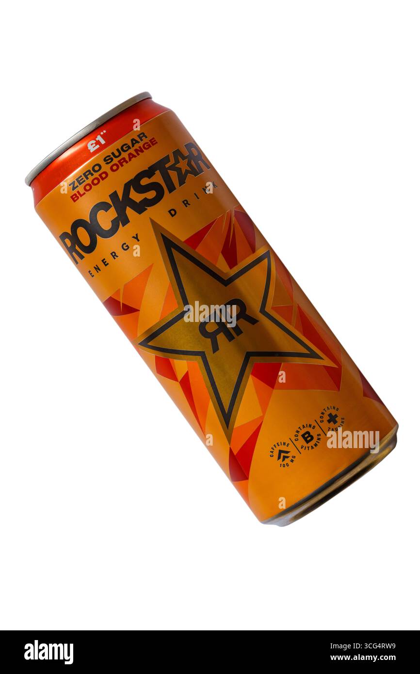 Rockstar Energy Drink Dose isoliert auf weißem Hintergrund Null Zucker Blutorange Stockfoto