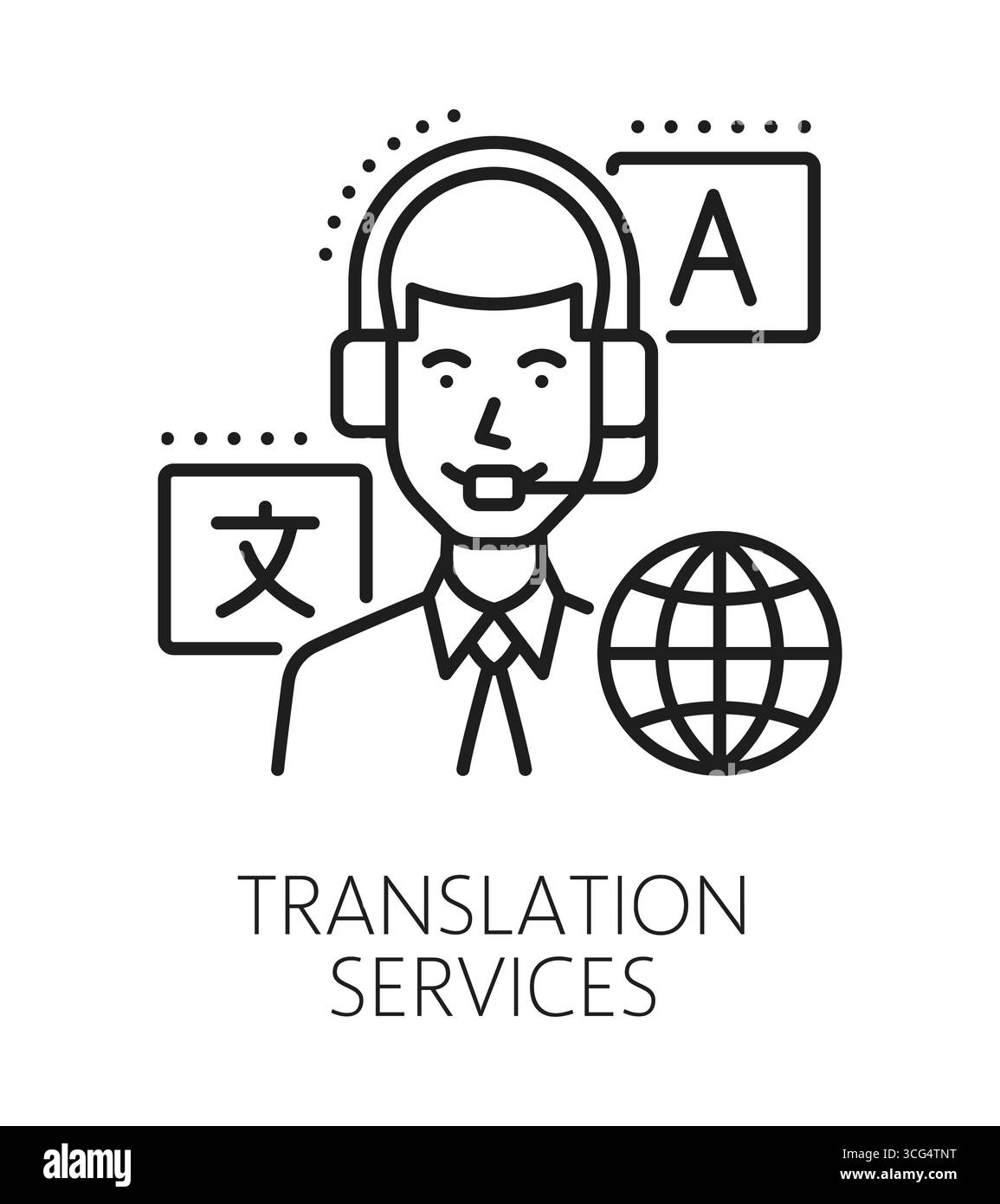 Symbol oder Emblem des Übersetzungsdienstes in englischer Sprache. Lineares Vektorsymbol für Sprachvektoren, Übersetzungszeichen für Fremdsprache. Piktogramm für englisches Wörterbuch mit Call Center-Operator im Headset Stock Vektor