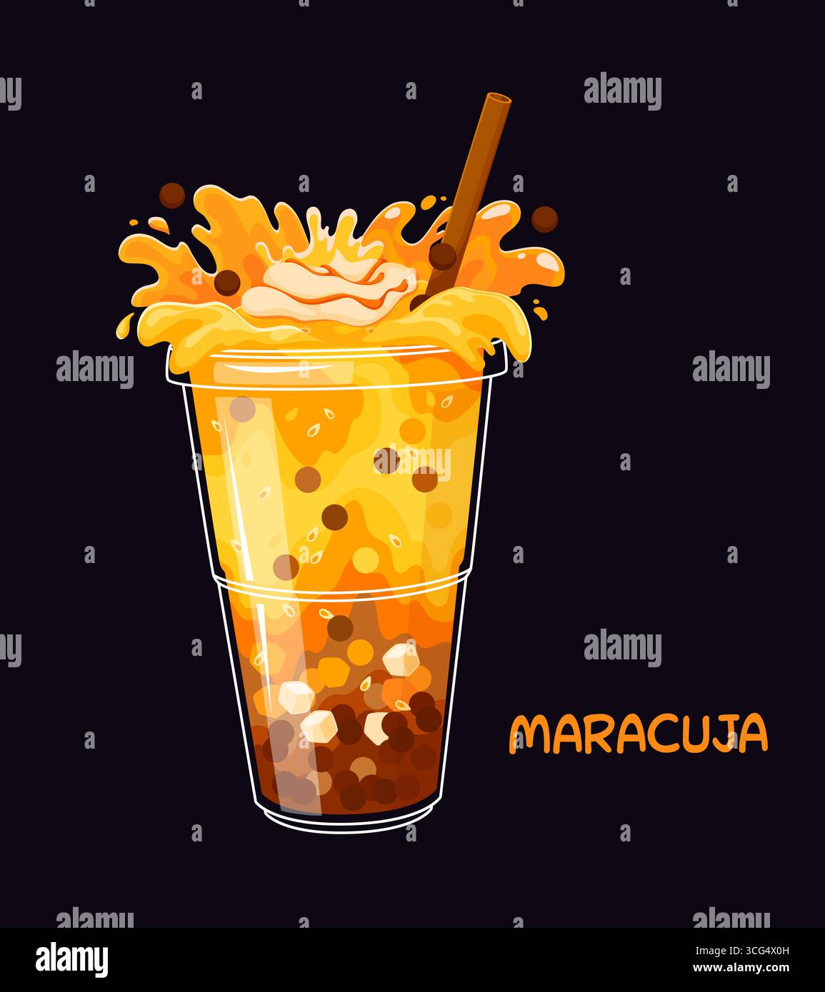 Cartoon Maracuja Milchblase Teeglas mit hellen Spritzern und Passionsfrucht in einem Plastikbecher. Lebhaftes tropisches Getränk mit Schlagsahne und Saftspritzern, Tapiokaparren und Strohhalm Stock Vektor