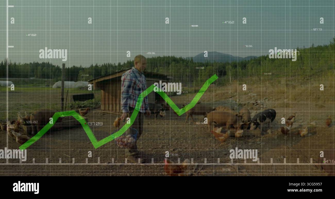 Wanderbauern mit Stiefeln, die Eier in Drahtkorb durch Hühnerhalter mit Datenüberlagerung tragen Stockfoto