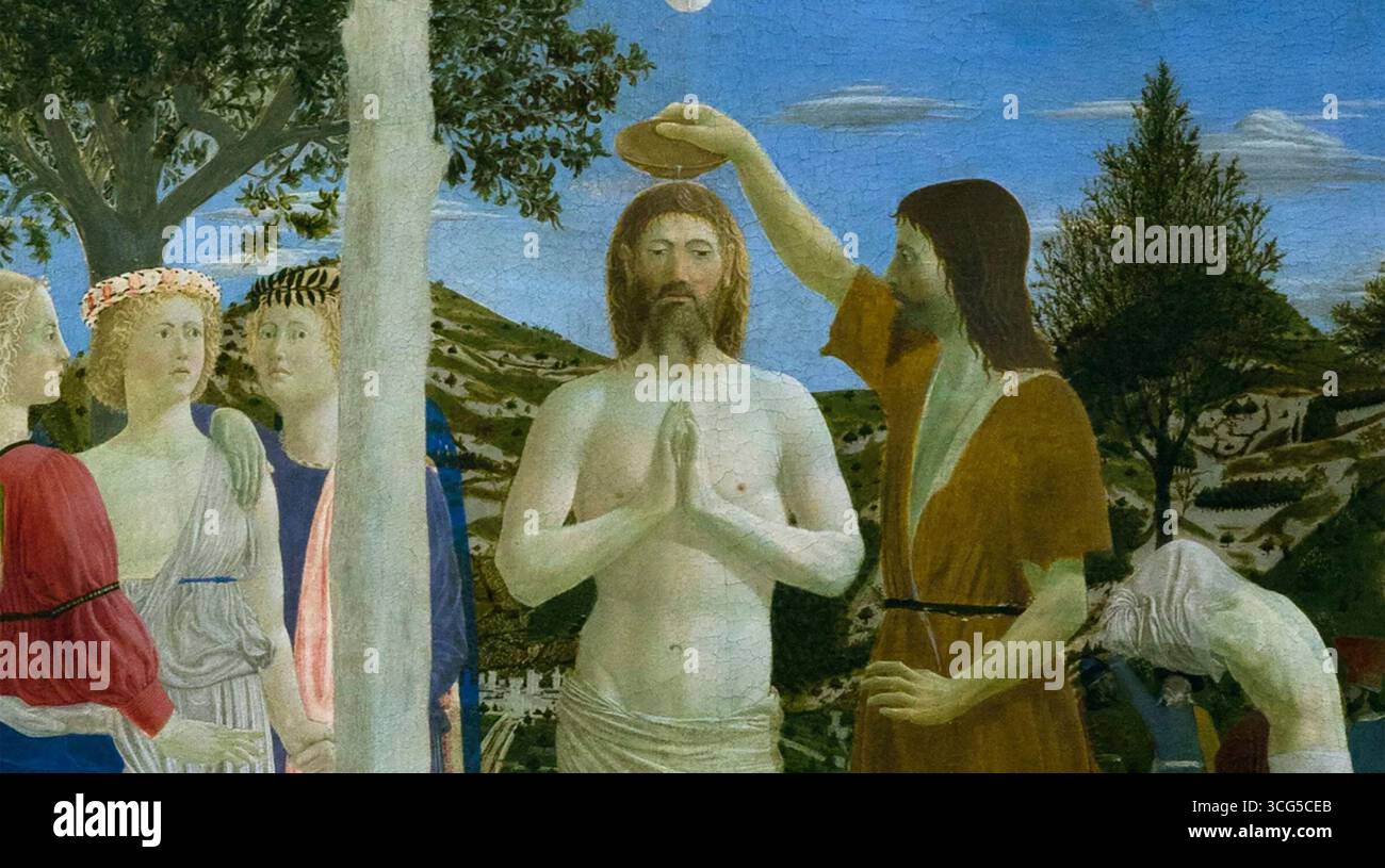 DIE TAUFE CHRISTI (Detail) des italienischen Künstlers und Mathematikers Piero della Francesca (um 1415–1492) um 1450 Stockfoto