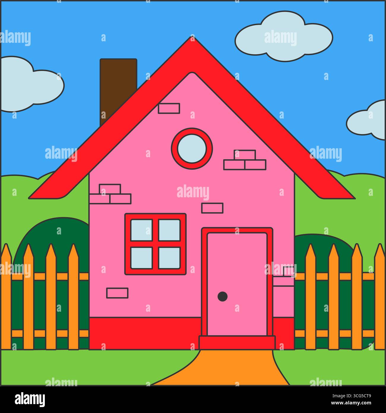 Vektor-Illustration eines bezaubernden rosa Hauses mit einem hellroten Dach. Stock Vektor