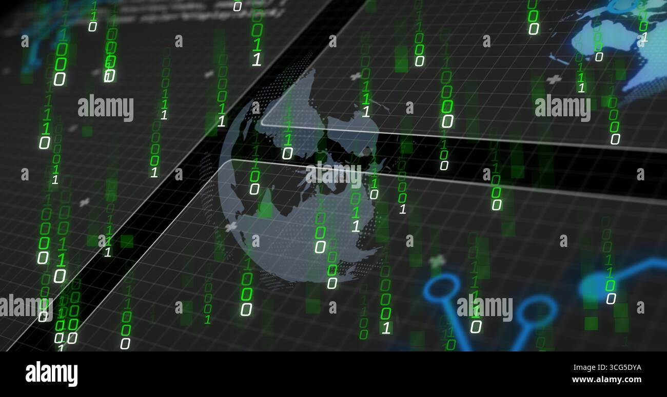 Bewegen Sie den Globus über dem Raster im Cyber-Netzwerk, mit grünen Binärziffern, blauen Linien und Kartenfragmenten Stockfoto