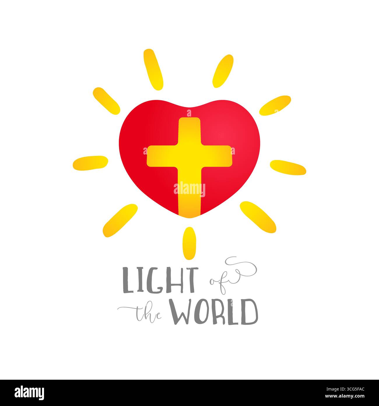 Rotes Herz und gelbes Kreuz darin, kreative Sonne. Religiöses Emblem. Glänzendes Herz. Licht der Welt - christliches Symbol. T-Shirt-Grafik Stock Vektor