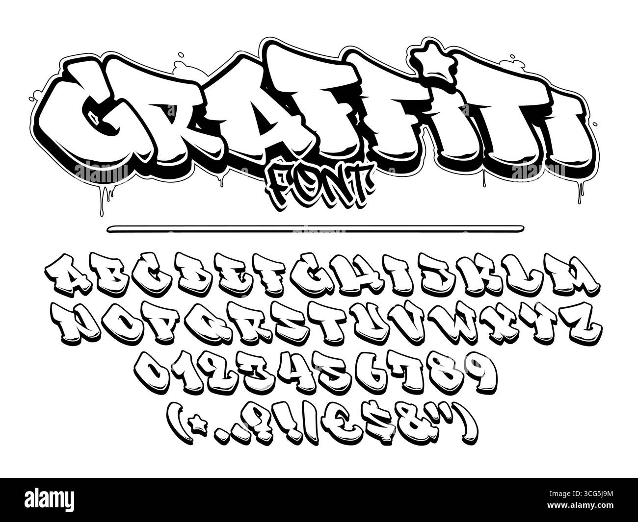 Graffiti-Vektorschriftart. Großbuchstaben, Zahlen und Glyps-Alphabet. Isolierter schwarzer Umriss. Stock Vektor