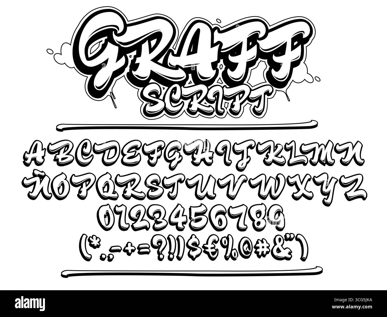 Graffiti-Schrift. Schrift in Großbuchstaben. Vektor-Alphabet mit Zahlen und Glyphen. Isolierter schwarzer Umriss. Stock Vektor