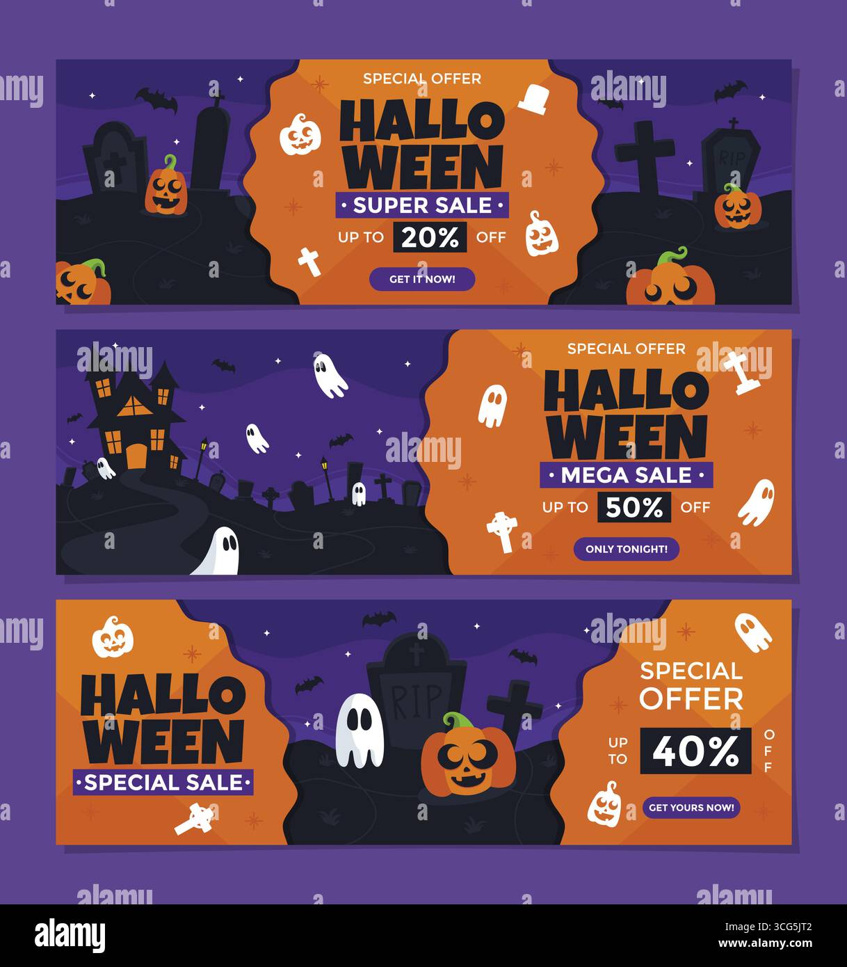 Horizontales Halloween-Banner mit Kürbissen, Geistern und Friedhof-Silhouette am lila Nachthimmel Stock Vektor