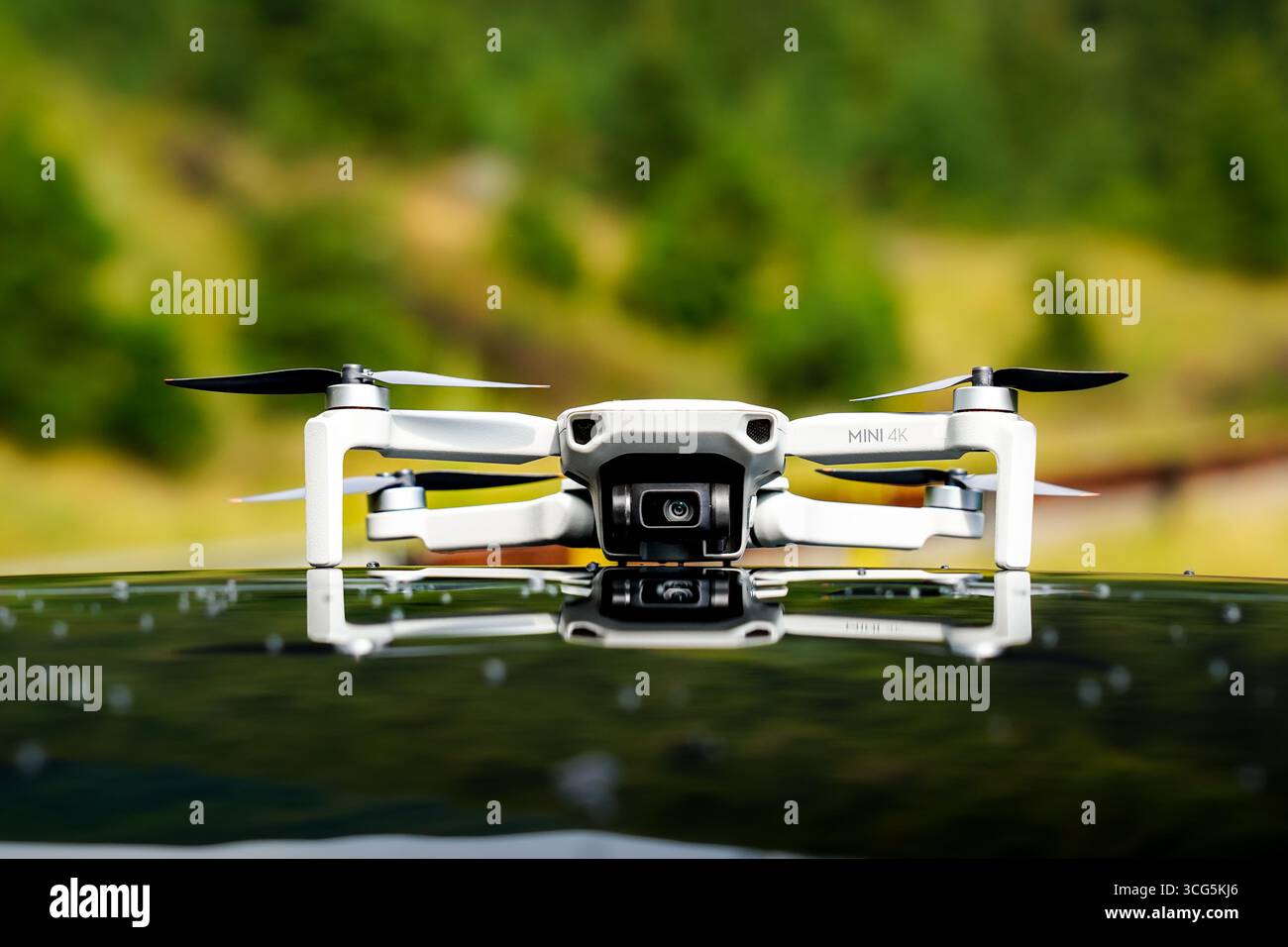 DJI Drone auf einem Auto im Wald Stockfoto