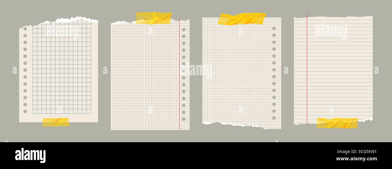 Copybook Notizbuch Notizblock gerissenes Papier mit Washi Tape Strip Raster Liniert Quadrat Plan Seite gerissenes Papier Vektor Notiz Set Stock Vektor