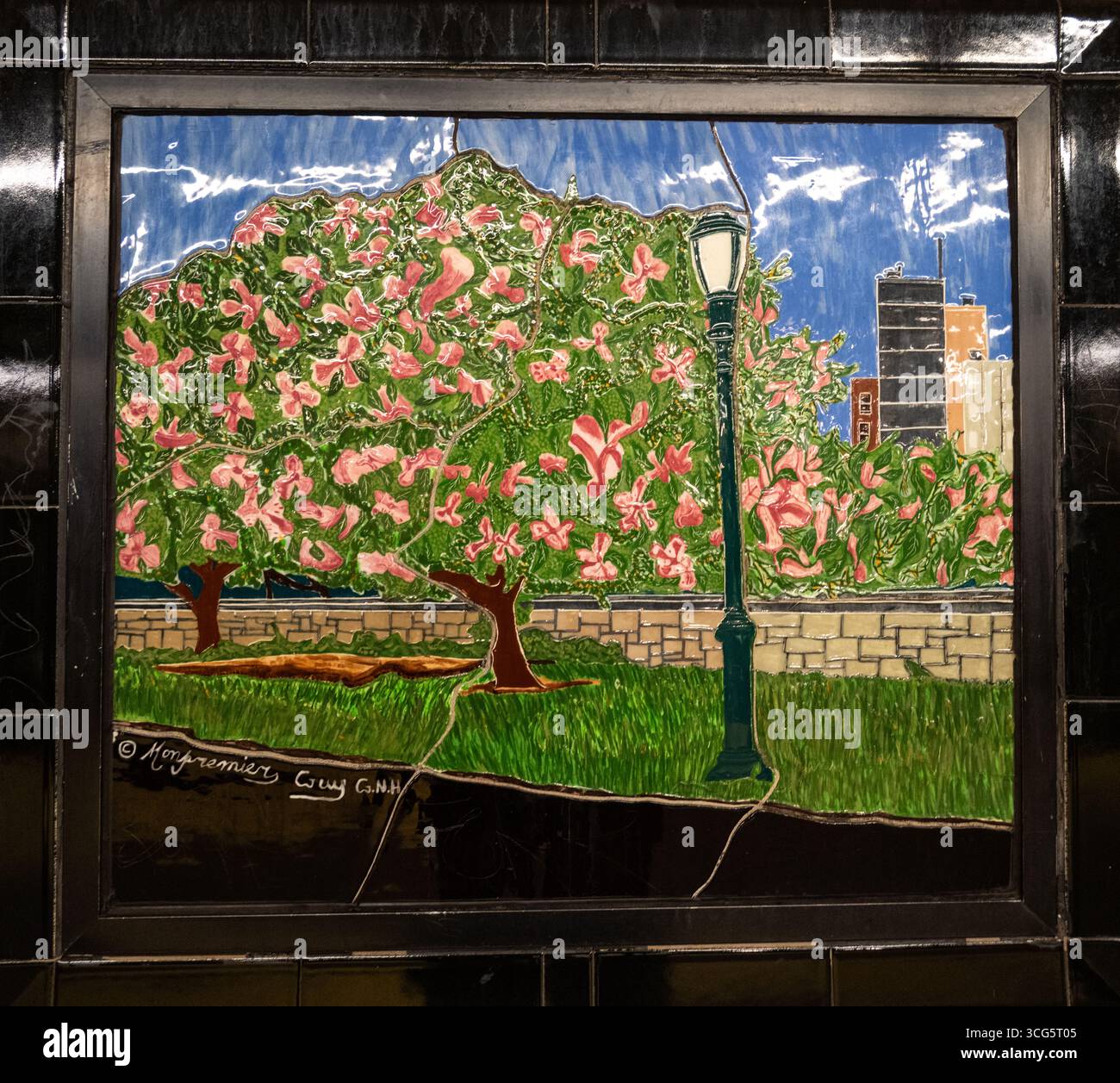 NYC U-Bahn-Fliese mit blühendem Baum mit rosa Blüten und Lampfahl von Nitza Tufino Stockfoto