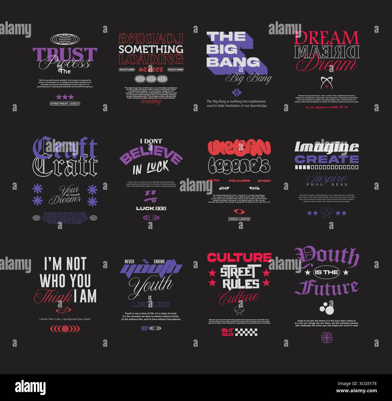 Streetwear Motivational Typografie Set für Bekleidungspaket Stock Vektor