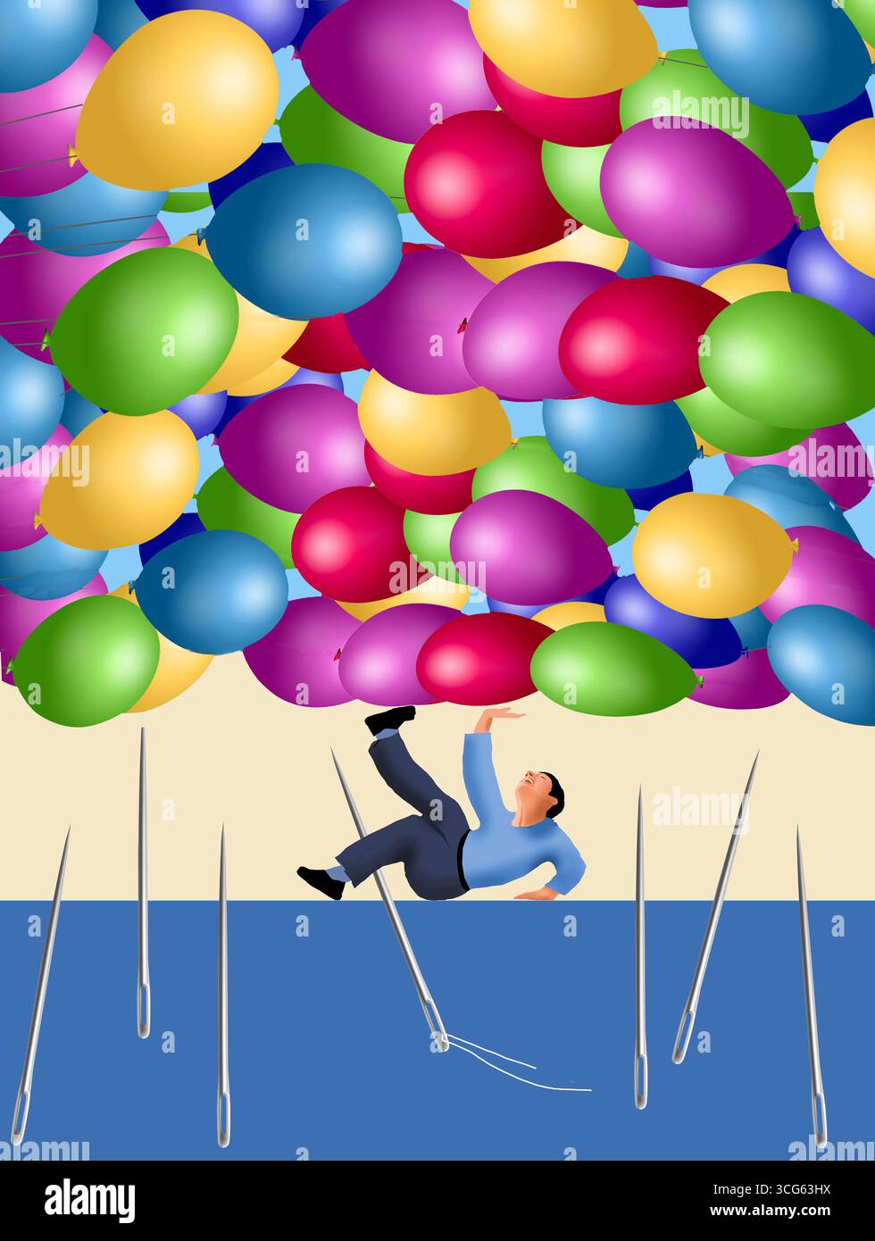 Ein Mann versucht verzweifelt, Hunderte von herunterfallenden Ballons davon abzuhalten, auf Nähnadeln zu stoßen und zu platzen. Dies ist eine 3D-Abbildung Stockfoto