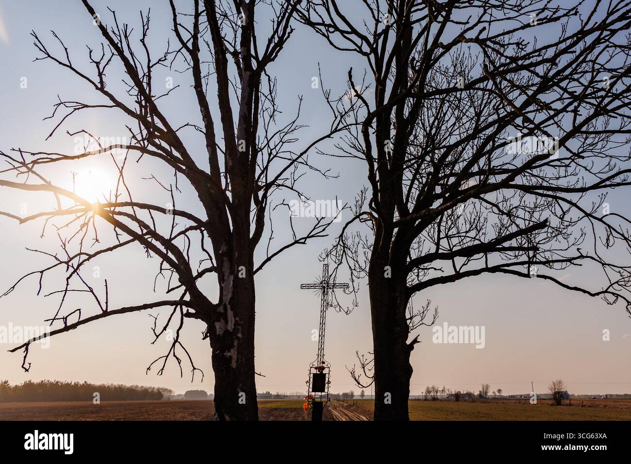 Wegkreuz in einem kleinen Dorf in Masowien in Polen Stockfoto