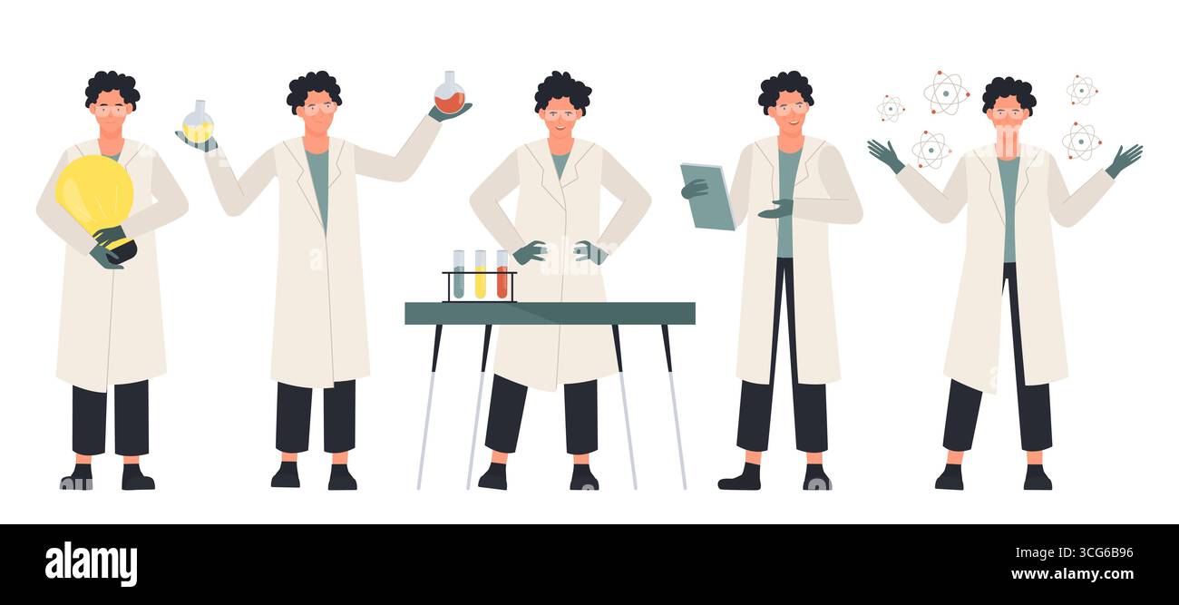 Männlicher Wissenschaftler im Laborkittel, der verschiedene wissenschaftliche Aktivitäten mit Ausrüstung, Experimenten und Forschungskonzepten durchführt, perfekt für Bildung, Präsentationen, und STEM-Projekte isoliert auf weißem Hintergrund Vektor-Illustration Stock Vektor