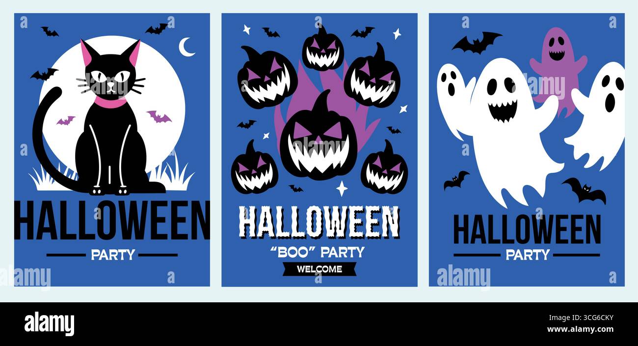 Feiern Sie Halloween mit festlichen Postern mit niedlichen Katzen, Kürbissen und gruseligen Geistern Stock Vektor