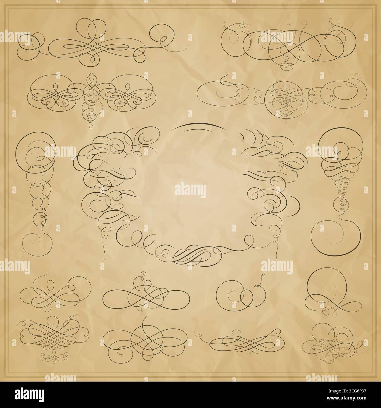 Vintage Dekorative Ornamente auf gereiftem Papier Vektor. Antike Blume Illustration. Retro Calligraphic Frames Kollektion. Hintergrund Des Alten Papiers Stock Vektor