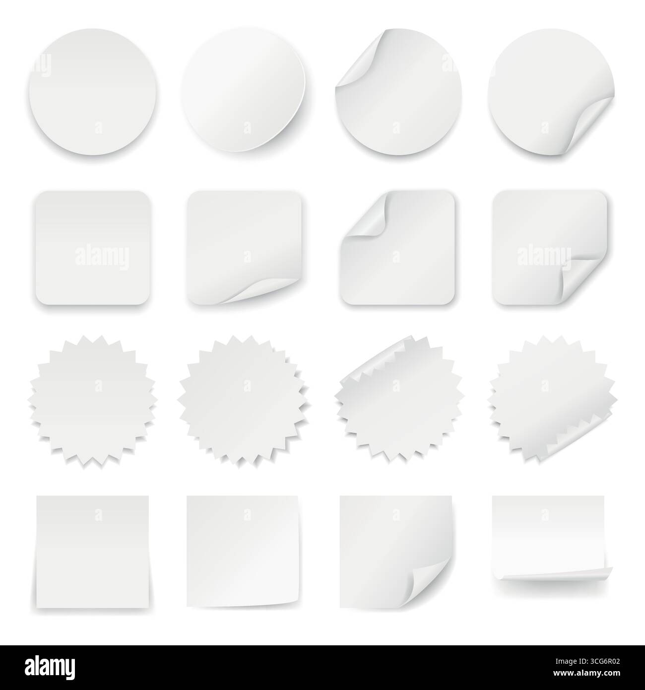 Leeres Papieraufkleber Vektorset. Realistische Abbildung von weißen Etiketten und Tags. Vorlage Für Leere Klebeaufkleber. Verpackungs- und Branding-Design Stock Vektor