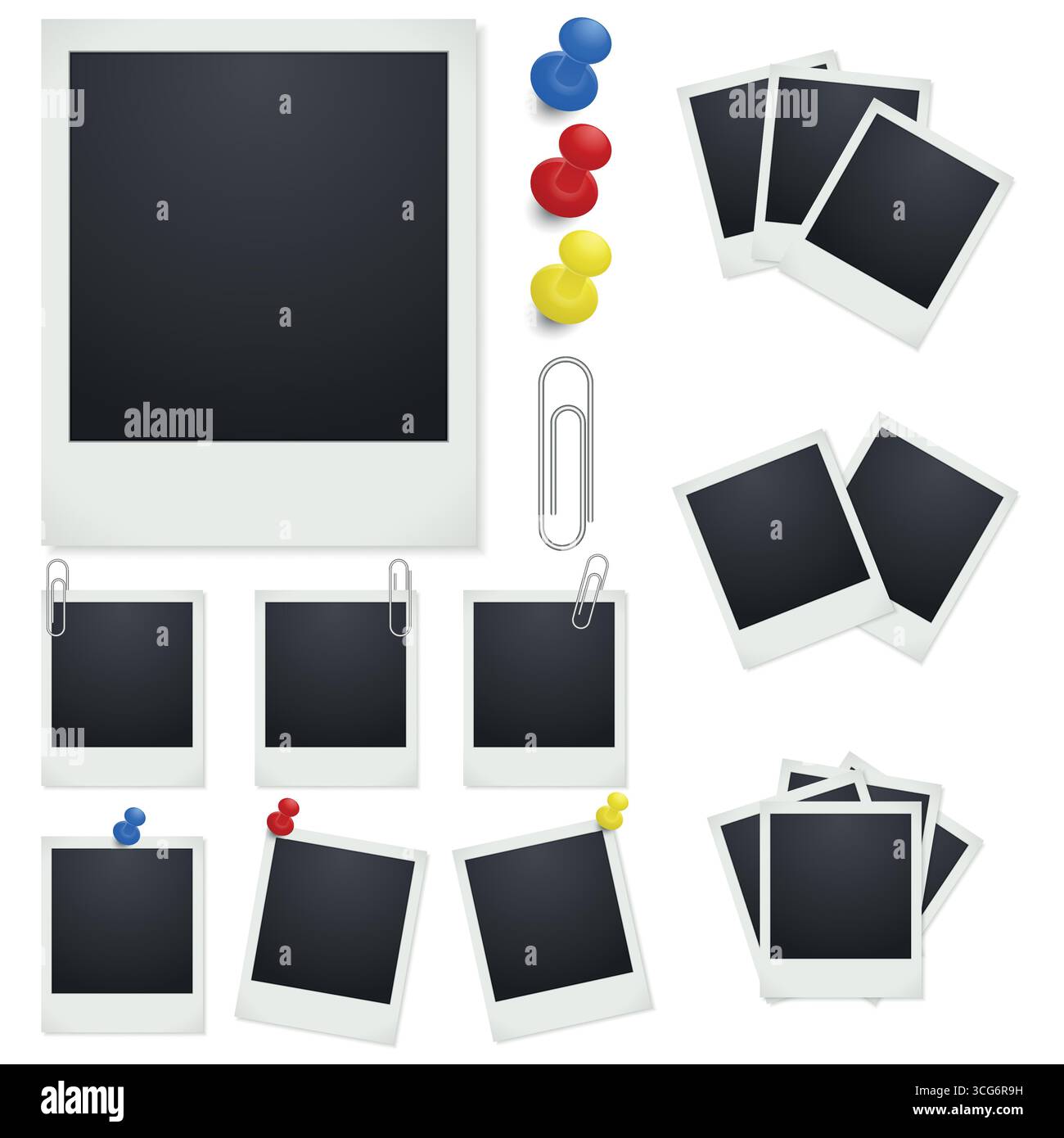 Vektorsatz für Bilderrahmen, Papierclips und Push Pins. Realistische Sofortfotovorlagen. Leeres Bildrahmen-Modell. Bunte Pushpins und Metallclips Stock Vektor