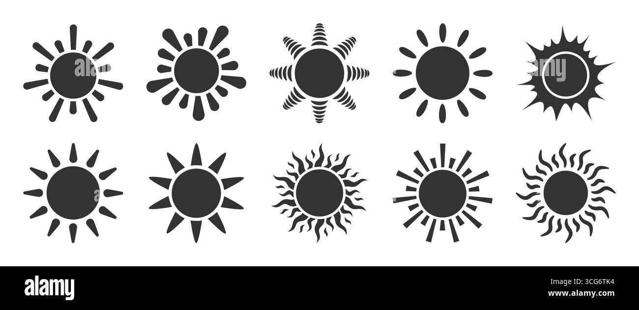 Sonnensymbol schwarze Silhouette Set, abstrakter flacher radialer Stern mit verschiedenen Strahlen, grafisches Sonnenzeichen, Sonnenbild, minimales Sonnenscheinsymbol, Wetter-Tageslichtskizze, Wärmebild, kreisförmiges Energieemblem Stock Vektor