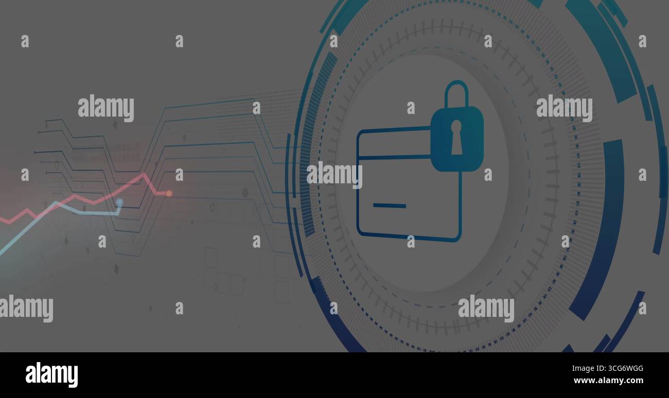 Kreditkartensymbol wird mit dem Vorhängeschloss-Symbol in den Datenringen auf der Schnittstelle, Kopierraum angezeigt Stockfoto