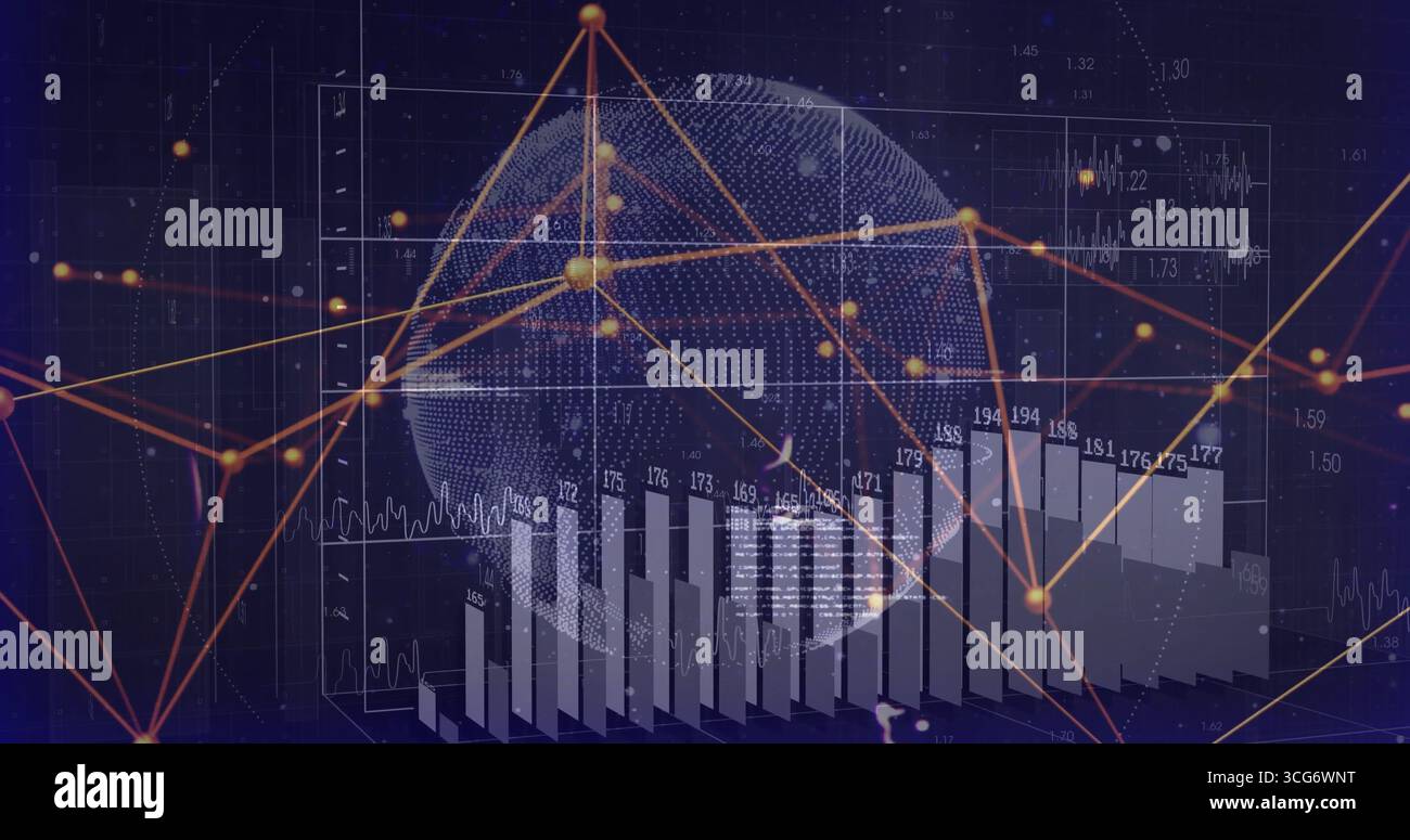 Anzeige gepunkteter 3D-Kugel mit Balkendiagrammen, Liniendiagramme in der Analyseschnittstelle mit leuchtenden Knoten Stockfoto